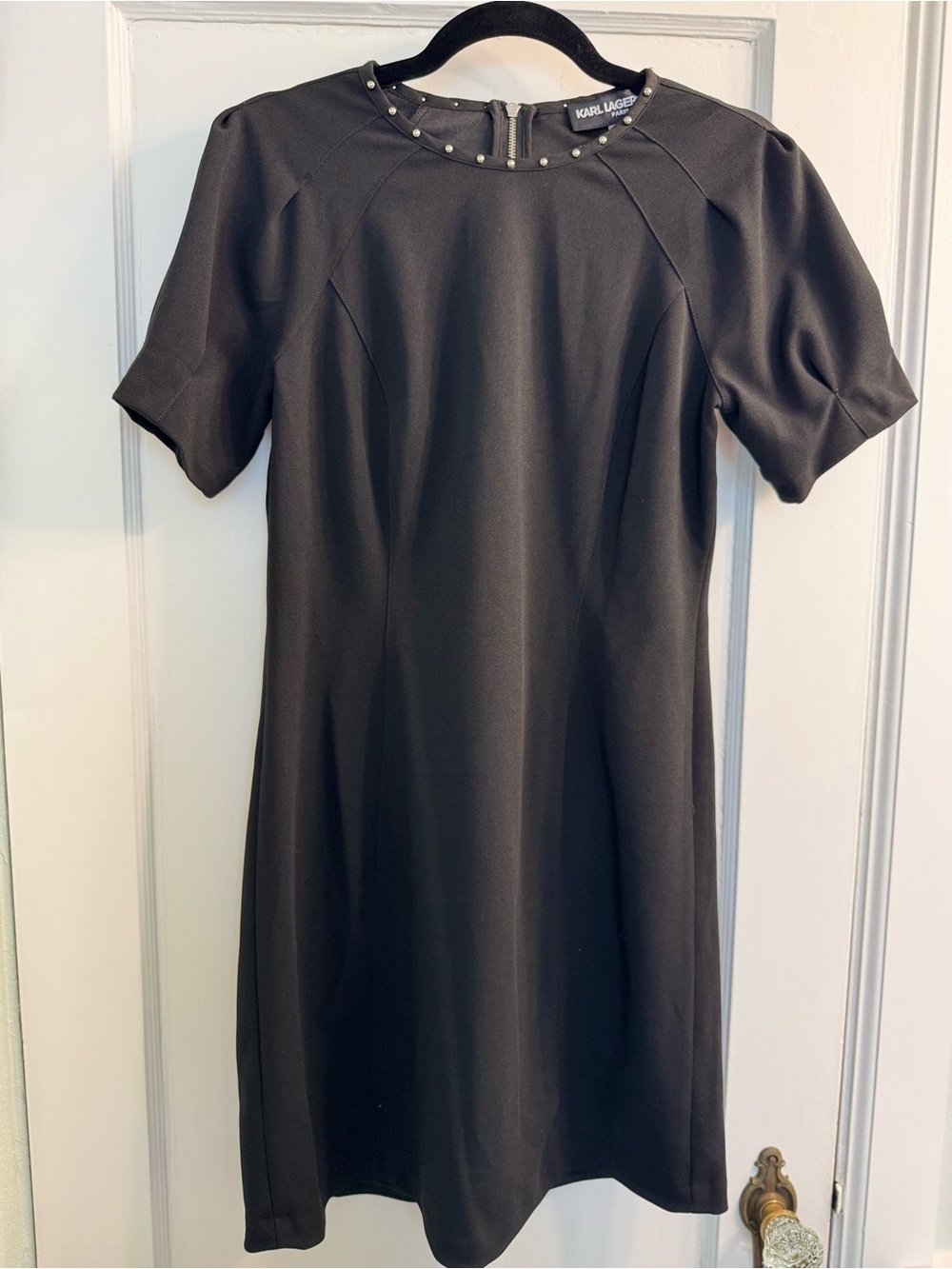 KARL LAGERFELD Black Short-Sleeve Shift Dress with Stud Detail at Neckline